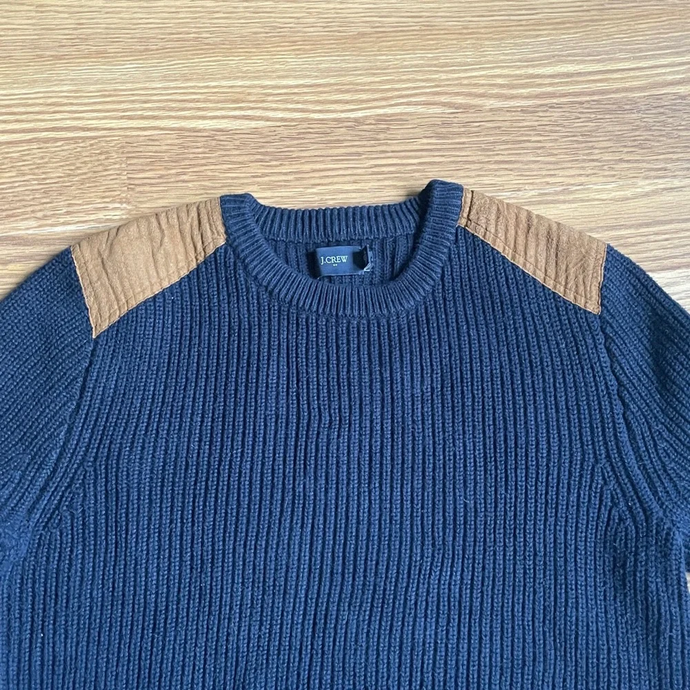 J.Crew Woodsman Crew Neck Suede Shoulder Patch Chunky Ribbed Sweater Navy Sz XS
